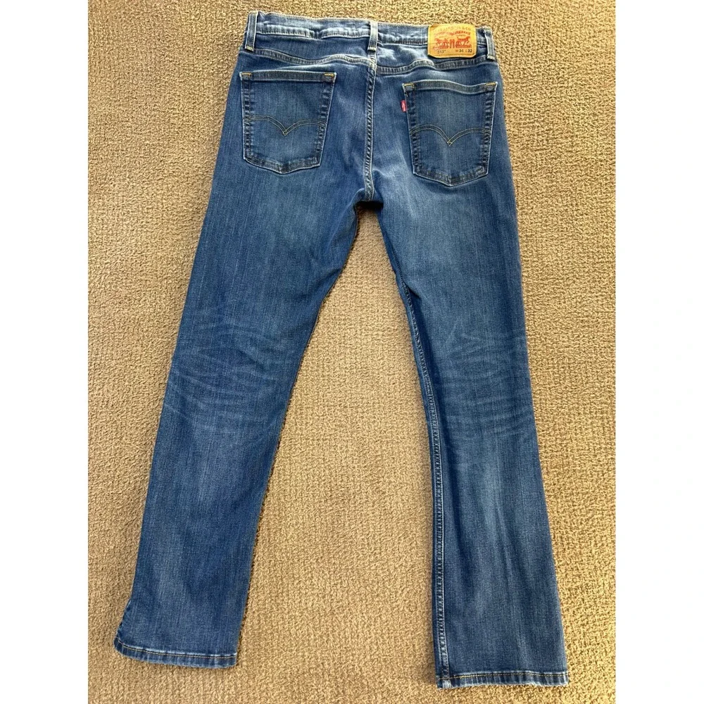 Levis 513 Slim Straight Jeans Mens 34x32 Medium Wash Blue Distressed Denim